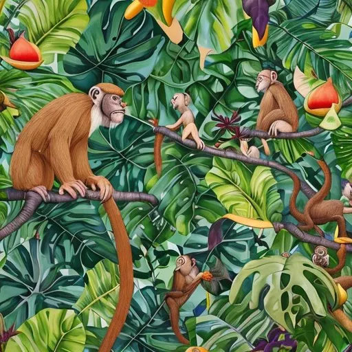 Prompt: Plump figs and mangoes dangling over the tropical jungle foliage, with monkeys and birds in acrylic