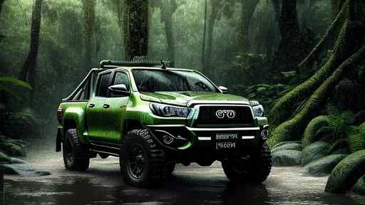 Prompt: Toyota Hilux Jeep in the Green Rain forest, Heavy Raining Photorealistic concept.