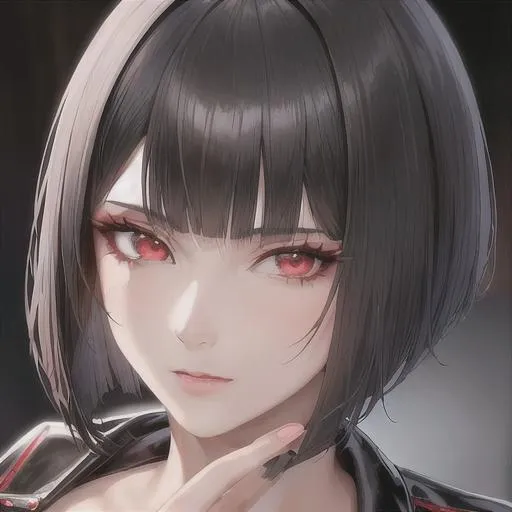 Prompt: "A close-up photo of a gorgeous  woman with a  Short Shaggy Bob hairstyle, black hair with white highlight, red eyes, wearing black jacket, in hyperrealistic detail, with a slight hint of loneliness in her eyes. Her face is the center of attention, with a sense of allure and mystery that draws the viewer in, but her eyes are also slightly downcast, as if a sense of loneliness is lingering in her thoughts. The detailing of her face is stunning, with every pore, freckle, and line rendered in vivid detail, but the image also captures the subtle emotions of loneliness that might lie beneath her surface."