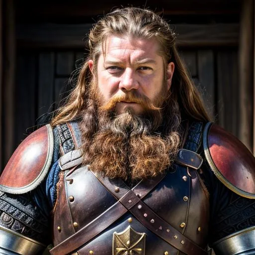 Prompt: Fantasy dwarf warrior, detailed background, intricate details, full plate armor, natural colors, long braided beard, red hair, sean bean 