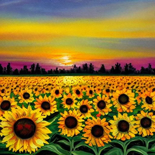 Prompt: painting of field of sunflowers during sunset