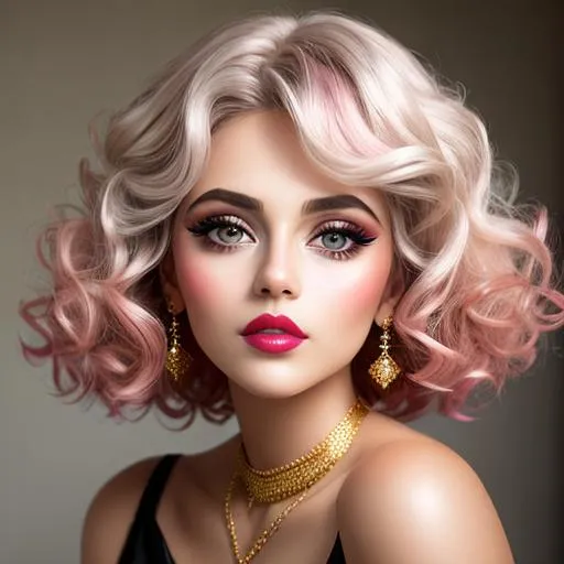 Prompt: big  eyes and carmine lips, silver and golden breaded silk, lips, pink cheeks