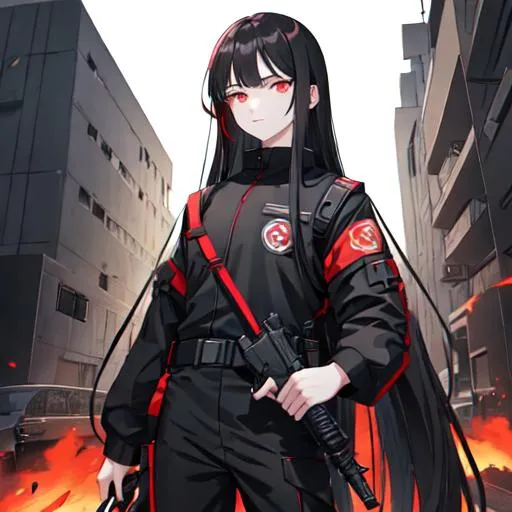 Prompt: 1male (pale) (long black hair) (red eyes) holding a gun, nuclear fallout