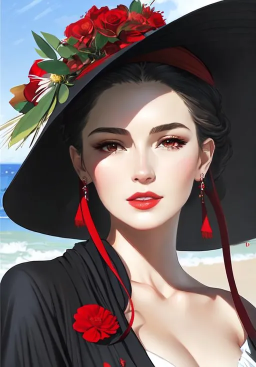 Prompt: elegant lady in a red long dress in the whole body on the seaside. she is wearing a red hat with fancy flowers. illustration for fashion magazine. Beautiful visible face, hyper detail clear focus by Demiurge Ash, Irina French, Dang My Linh, pino daeni 