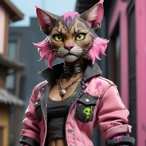 Prompt: Tabaxi wearing acid-washed Jeans, colors are shades of black and pink, looking like a bad girl, best quality, masterpiece