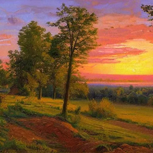 Prompt: A detailed Michigan landscape at sunset in the style of Peder Mork Monsted