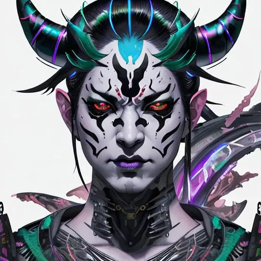 Prompt: Watercolor portrait of a roaring neon hannya with iridescent black markings and a CYBERNETIC face, perfect composition, hyperrealistic, super detailed, 8k, high quality, trending art, trending on artstation, sharp focus, studio photo, intricate details, highly detailed, by greg rutkowski, illustration, watercolor, BY YUJI SHINKAWA