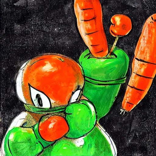 Prompt: Carrot n boxing trunks and gloves in boxing match with a green apple mixed media 80s toon 