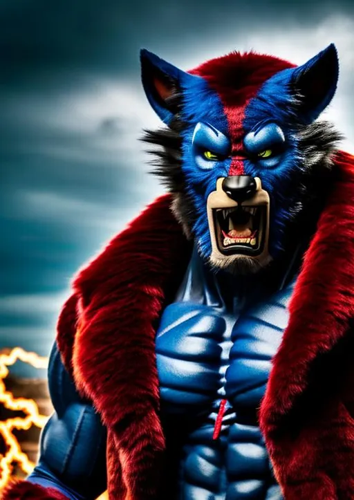 Prompt: High-resolution hyperrealistic photo of x-man nightcrawler kurt wagner merged with x-man beast hank mccoy, blue-black skin and fur, very muscular, black and red and gold costume, kind, sad, feral, uhd, hdr, 64k