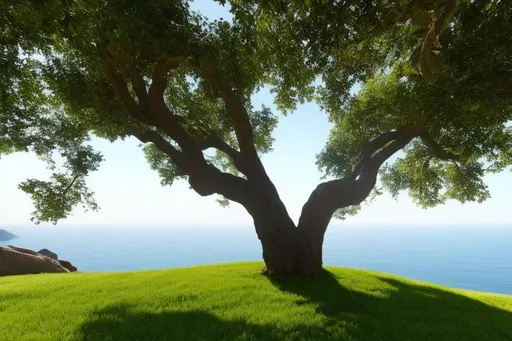 Prompt: Create an ultra-detailed exquisite oak tree image: hyper-detailed {trunk, roots, leaves, branches}, sharp focus, harmony, centered, balance, great background {The Black Sea coast, the Caucasus Mountains, a group of palm trees, plants and grass} in UHD engine 5, HDR, Octane 3D, 256K.