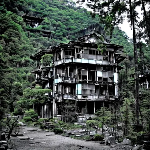 Prompt: japanese abounded house, horror world , dark night ,  full moon, mountain , dark forest , fire's , 