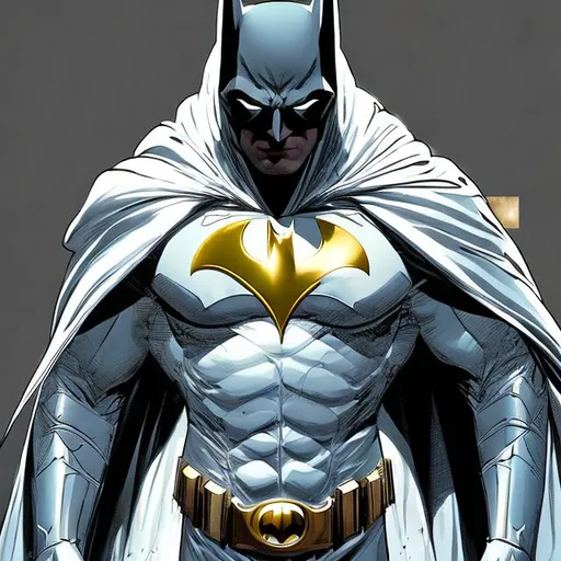 Prompt: Digital illustration. Concept art. 4k. White and gold batman. Super rich. Super clean. Super detailed. Perfect lighting