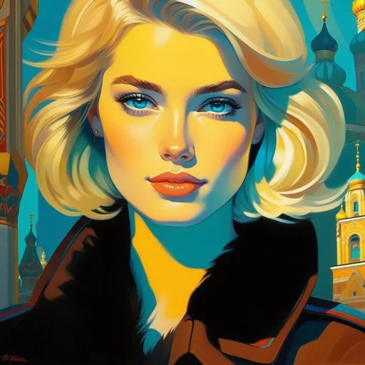 Prompt: Third person, gameplay, Russian girl, pale skin, blonde hair, freckles, teal eyes, 1980s, Moscow, golden atmosphere, cartoony style, extremely detailed painting by Greg Rutkowski and by Henry Justice Ford and by Steve Henderson 
