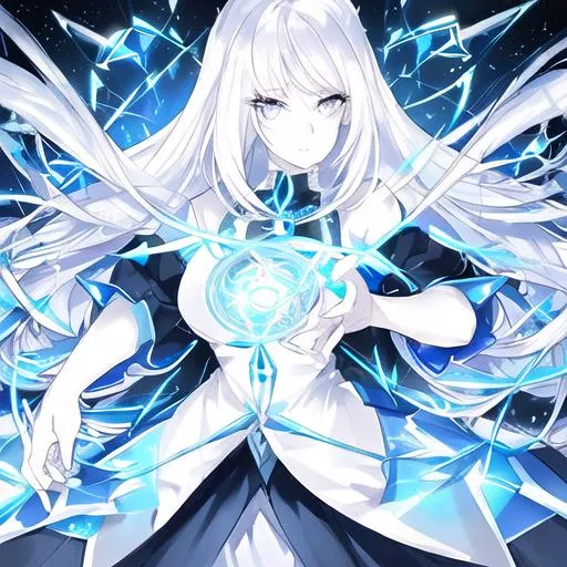 long white hair, left black hair ribbon, blue eyes