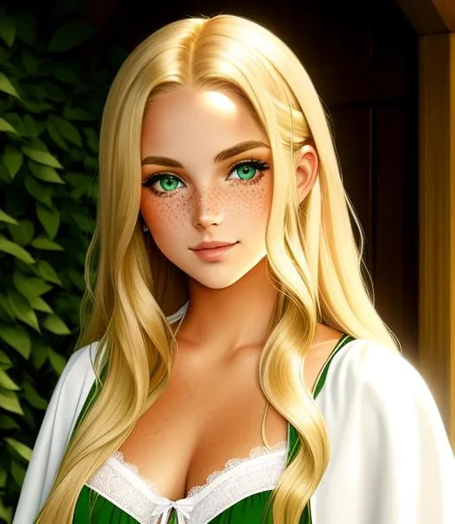 Prompt: freckled tanned skinned young woman with long wavy blonde hair and green eyes, wearing white chemise and green surcoat