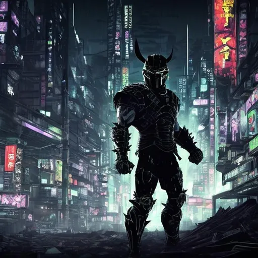 Prompt: Original villain.  Brawn. Sinister. Spartan viking. Very Dark image with lots of shadows. Background partially destroyed neo Tokyo. Noir anime. Gritty. Dirty. Black with neon forest green accents. armour. Creepy mask. Bionic enhancements. 