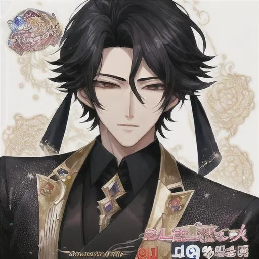 Prompt: Manhwa cover of a handsome prince with black hair, wearing a suit, close up