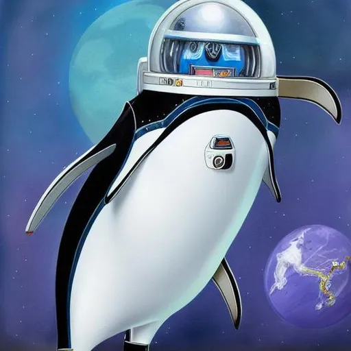 Prompt: penguin in space wearing a space suit in the style of h.r. giger , hand drawn,  large eyes, highly detailed , intricate, digital art, wlop, artgerm, roger dean