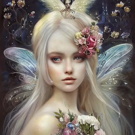 Prompt: nicoletta ceccoli, daniel merriam, fantasy art, fairy wings, renaissance gown, hyper realistic flower bouquet painting, sparkles, Beautiful goddess, Haute Couture, princess dress, beautiful symmetrical face, pre-raphaelite, soft shadows, stunning, dreamy, elegant, ornate, style of michael parks, tom bagshaw, roberto ferri and Marco mazzoni, hyper-realistic, matte painting , enhanced, photo render, 8k, art by artgerm, wlop, loish, ilya kuvshinov, 8 k hyperrealistic, crackles, hyperdetailed, beautiful lighting, detailed background, depth of field, symmetrical face, frostbite 3 engine, cryengine, bubbles, dragonflies, garden of roses and peonies background, ultra detailed, soft lighting,Mark Ryden, Dominic Murphy artwork and Tom Bagshaw artwork, big dreamy eyes, white and pink, art by Donato Giancola and James Gurney, digital art, trending on artstation, pop surrealism, lowbrow art, realistic, hyper realism, muted colours, rococo, natalie shau, loreta lux, trevor brown style