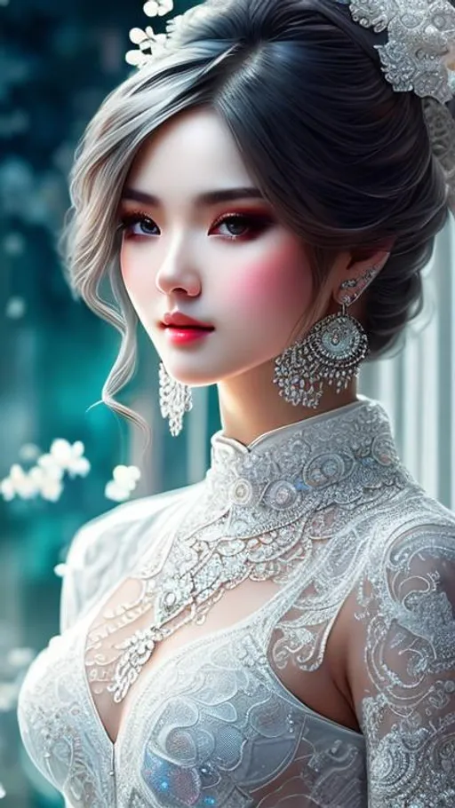 Prompt: hyper detailed painting by wlop,  Insanely detailed elaborate beautiful with skimpy dress, intricate face, beautiful white hair, rule of third, ultra HD 4k 10 bit depth