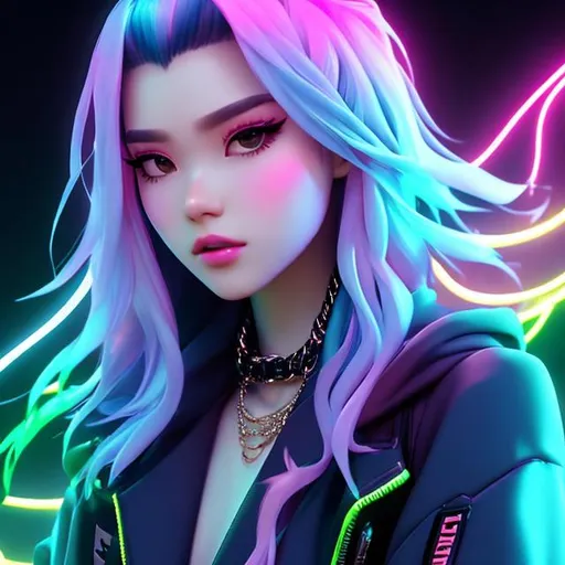 Prompt: a close up of a person with a chain around their neck, (((neon palette))), tsuaii, 80s hair, by Sophia Beale, wearing jacket, trending on artstation, skydoll noa, by Cicely Hey, multicolored, 8 0 s checkerboard 6 6 6, “uwu the prismatic person, sports jacket, art 