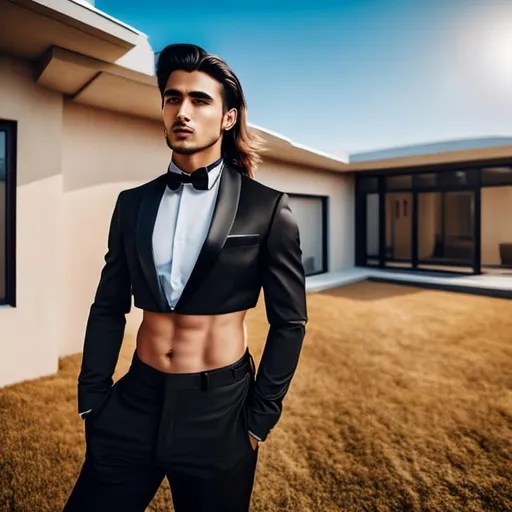 Prompt: Make an amazing photo of an attractive long-haired young man with a six pack abs wearing a crop top black long sleeve tuxedo with a bowtie, black tuxedo pants, and a bare midriff, he also had an exposed belly button, he is standing outside by his house on a beautiful day, with his right hand on the side, sideview, stock camera, high quality, 4k, great cinematography, dramatic lighting, moody atmosphere, Artgerm, Rutkowski, Dale Keown and Van Sciver, featured on Artstation