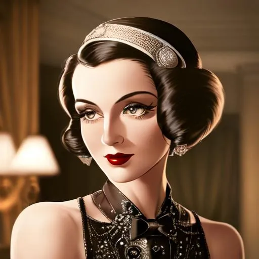 Prompt: Capture the essence of a 1930s female influencer. Think glamour, elegance, and sophistication. Your camera should evoke the era's vintage aesthetic. Set up your shot with careful attention to lighting, composition, and framing. Bring out the subject's style and charisma, and transport the viewer to another time