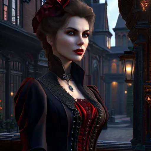Prompt: Lady vampire, coverd by blood, victorian city, myst, highly detailed, professional, render, Sharp focus, HD, UHD, HDR, hyperrealistic 