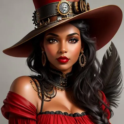 Prompt: black Steampunk woman, pretty face, red lips, tall hat, closeup