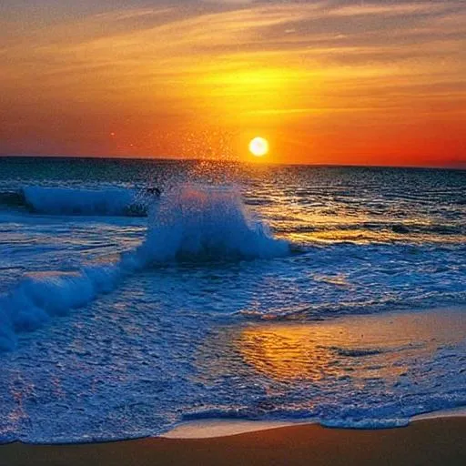 Prompt: beach, waves, sunset, 