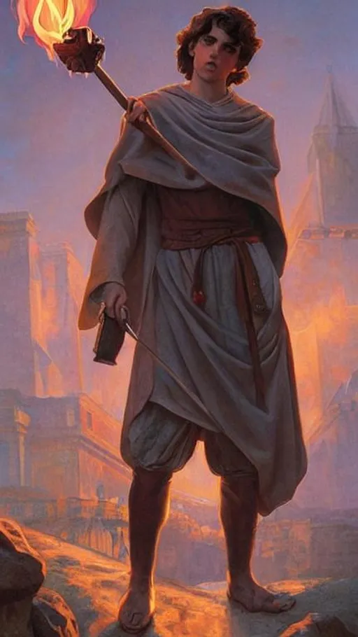 Prompt: young saint augustine holding a heart in fire, background is a roman building, standing up, highly detailed, digital painting, artstation, concept art, smooth, sharp focus, illustration, art by artgerm and greg rutkowski and alphonse mucha and andrei riabovitchev