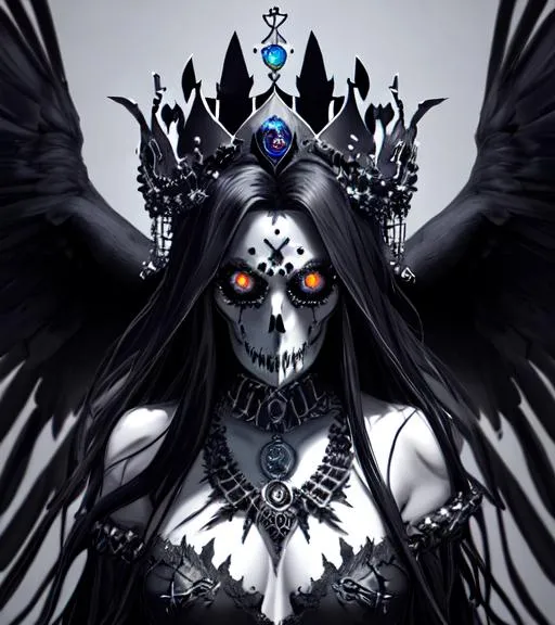 Prompt: splash art of a {shadow goddess}, with {raven skull} {crown}, hyperrealistic, perfect composition, super detailed, sharp focus HDR, UDR, 64k