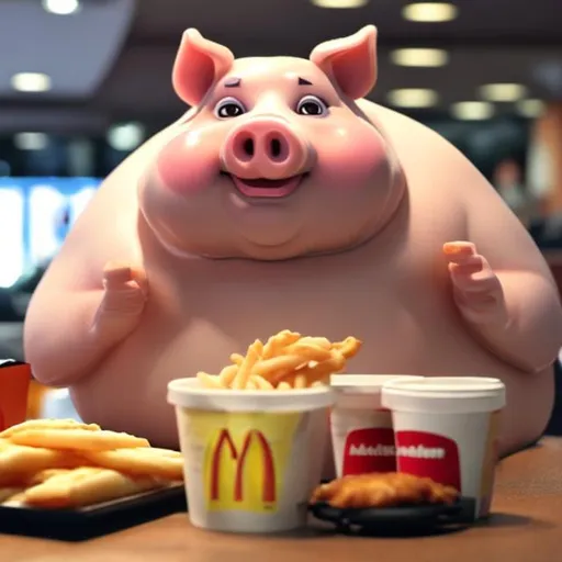 a fat pig eating McDonalds