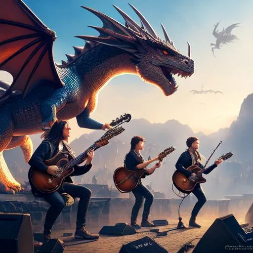 Prompt: A group of dragons playing music in a band, cute face, perfect composition, hyperrealistic, super detailed, 8k, high quality, trending art, trending on artstation, sharp focus, studio photo, intricate details, highly detailed, by greg rutkowski, illustration, watercolor