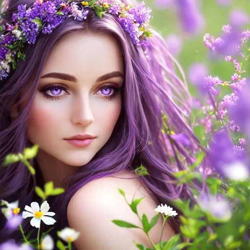 Prompt:  a fairy goddess,  purple eyes and hair, ethereal beauty, soft light,surrounded by wildflowers, closeup
