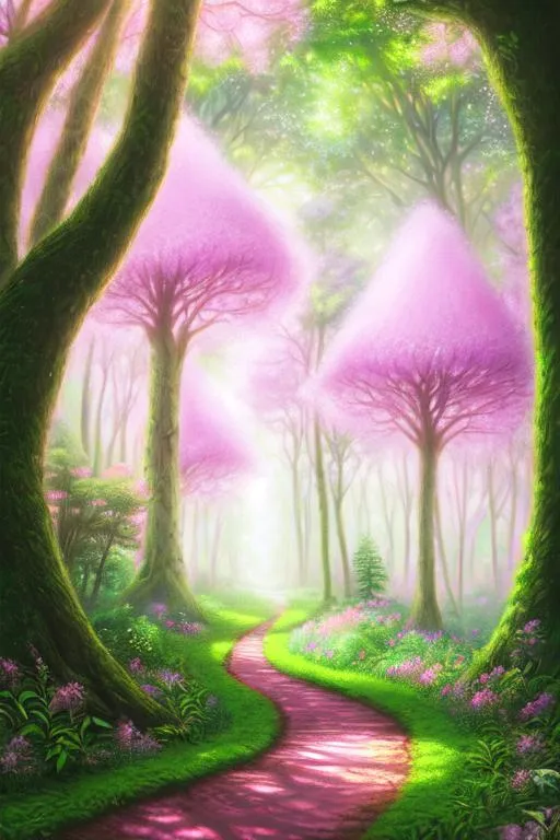 Prompt: Realistic, whimsical, celestial,lush, green forest, many trees, with a path, nature, wildlife, high res, 4K, pastel pink, pastel liliac, Fairy core, 