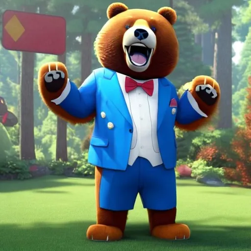 Prompt: dollar with a realistic bear crossing his arms in a blue suit with a red tie and he is grinning