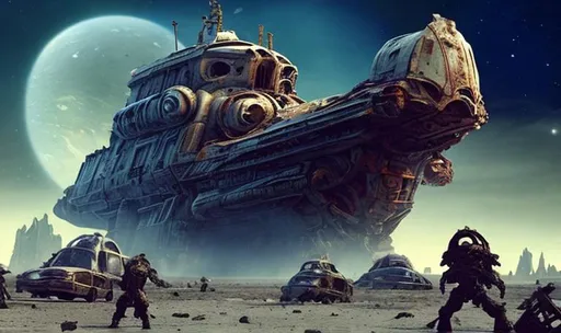 Prompt: wreck broken ancient huge old rusty spaceship astronauts discovering it skeletons laying all-over robots fixing ship graveyard 