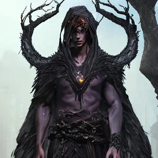 Prompt: male warlock, dark fire aura, bark colored skin with small thorns with heart necklace, fire energy, robe hood pulled over head, epic fantasy character art, D&D Concept Art, full length, Realistic, Regal, Refined, Detailed Digital Art, Oil Paining, Exquisite detail, post-processing, masterpiece, Cinematic Lighting, Unreal Engine, 8k, HD