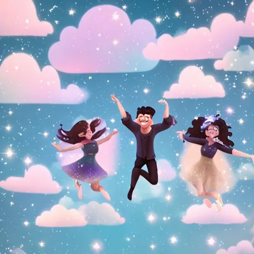 Prompt: Magic Sparkles fly through the air with clouds so with and fluffy and animated people are dancing on this wonderful day.  