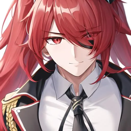 Prompt: Zerif 1male as a police officer (Red side-swept hair covering his right eye)UHD, 8K, Highly detailed, insane detail, best quality, high quality, wearing a police uniform, anime style