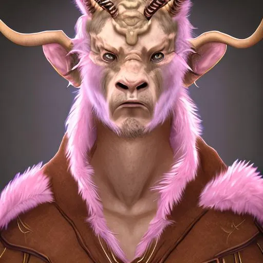 Prompt: Please a draw me minotaur. He is a priest cleric of life. He is a healer and has been touched by the Fae. Dungeons and dragons. Head and shoulder character portrait.  Pink fur and fabulous