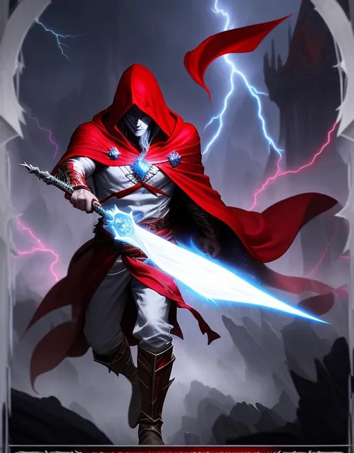 Prompt: good Grand Dark Elf Wizard, Sharp features, Heroic action shot. Red long hood with flowing white robes. Arcane lightning crackled from his wand, holding an arcane tome of power mist emanating from the book, White shirt. Action Shot, Epic Fantasy