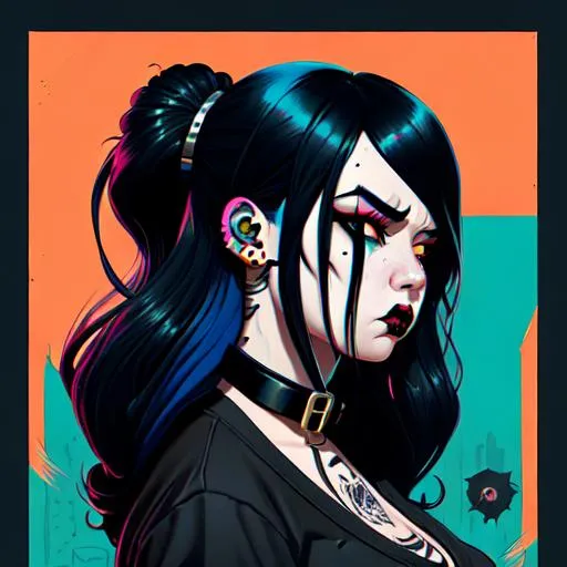 Prompt: a colorful comic noir illustration painting of a curvy, grungy girl by sachin teng and sam yang! in style of digital art, symmetry, sci fi, hyper detailed. octane render. long dark blue hair, piercings, tattoos, round face, collar, angry