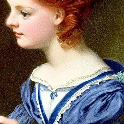 Prompt: portrait of a beautiful Victorian girl with red hair and dark blue eyes wearing a dark blue school uniform. Writing a letter with a feather quill