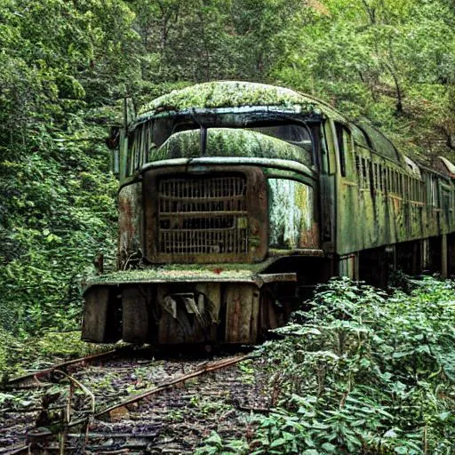 Prompt: Derelict, abandoned, rusty, overgrown train in a dense forest.