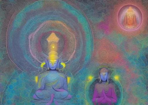 Prompt: buddah with headphones sitting on lotus in meditation surrounded by the fractal ,into the mystic meditation and contemplation, astral weeks, chakra colors 