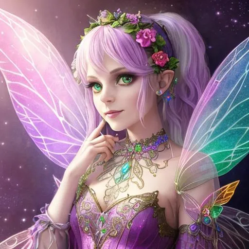 Prompt: Portrait of a tiny adult ageless female fairy, unique fey unsettling face, small smile, with large dark-rainbow-colored fairy wings attached to her back, pastel goth, spooky, perfect composition, highly detailed, intricate details, HD, fey, dungeons and dragons