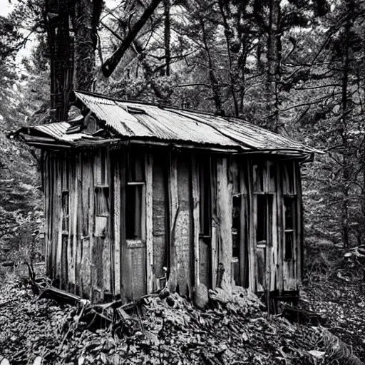 Prompt: abandoned decaying cabin in the woods
 black and white grainy photograph
