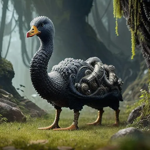 Prompt: sci fi,, lovecraftian creature, Disney,  anthropomorphic Goose, dark eyes, polymorph, 4k, sharp focus, studio photo, intricate details, highly detailed, 8k, overgrown post apocalyptic, 3d render,
